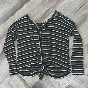 Green, black and white stripped button down shirt